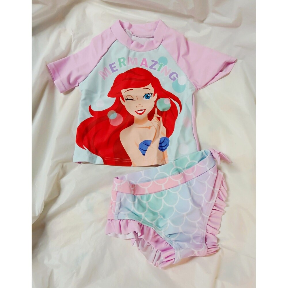 Disney Ariel 2-Piece Swim Set Girls 2T Pink Short Sleeve Rash Guard Bikini